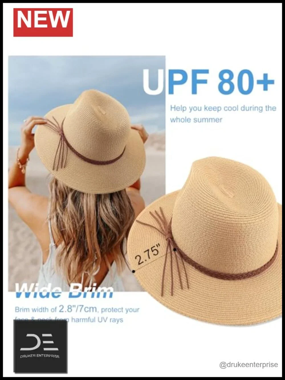 Women's Panama Sun Hat Wide Brim UPF 50+ Paper Straw Roll Up Beach Travel